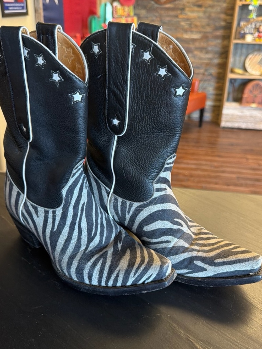 Old Gringo Black Leather & Gray Zebra-Print Star Cutout Cowgirl Boots